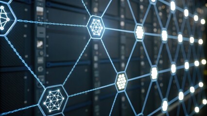 A digital network visualization highlighting interconnected nodes against a dark server background, symbolizing data flow and technology.
