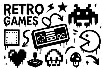 Naklejka premium Retro gaming icons with pixelated characters and arcade joystick in graffiti doodle style, Transparent Background
