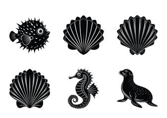 Black and White Illustration of Marine Animals including Shells and Fish