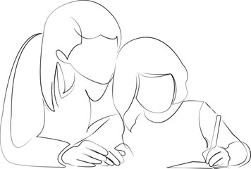 One continuous line drawing on white isolated background. Minimalism linear illustration. mother, child, daughter, family, woman, education, person, female, homework, childhood