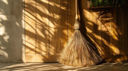 Sunlight streams through leaves, casting shadows on a light brown broom leaning against a light wood wall