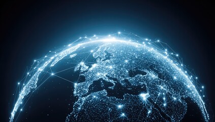Global network, illuminated Earth.  European focus.  Connecting points.  Abstract digital map