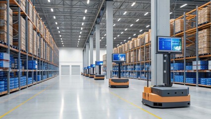 A modern warehouse featuring automated robots navigating aisles, storage racks filled with blue containers, and a clean, spacious interior.