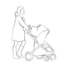One continuous line drawing on white isolated background. Minimalism linear illustration. mother, child, woman, pushchair, person, female, family, care, walking, adult