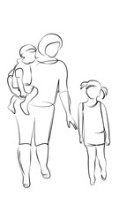 One continuous line drawing on white isolated background. Minimalism linear illustration. child, mother, family, woman, lifestyle, happiness, walk, childhood, outdoors, holding, hand