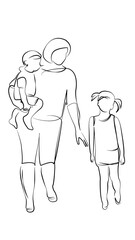 One continuous line drawing on white isolated background. Minimalism linear illustration. child, mother, family, woman, lifestyle, happiness, walk, childhood, outdoors, holding, hand