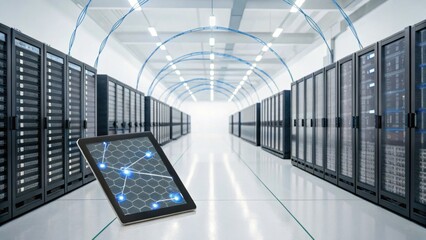 A modern data center featuring rows of servers and a tablet displaying a network interface, showcasing advanced technology and connectivity.
