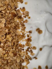 Close-up, macro background with muesli and yogurt