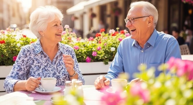 An elderly couple enjoying a cup of coffee outdoors.