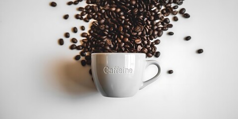 A close-up of a white mug filled with hot black coffee, surrounded by roasted beans