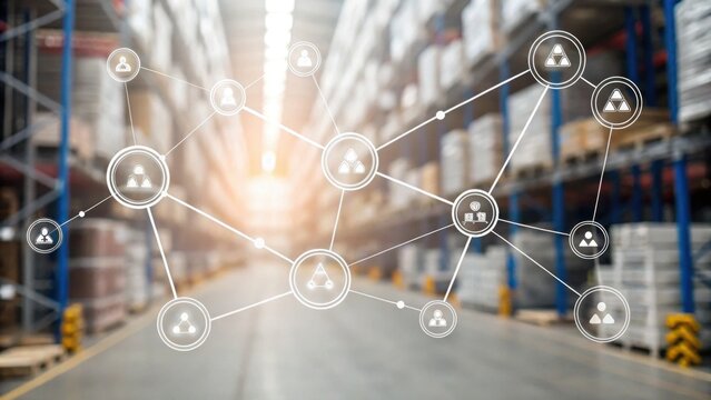 A digital overlay of interconnected nodes in a warehouse, symbolizing logistics, data flow, and supply chain management.