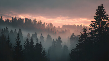Misty sunrise over a coniferous forest, casting a soft glow over the landscape