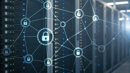 A digital network with security locks is overlaid on a server room, illustrating data protection and cybersecurity.