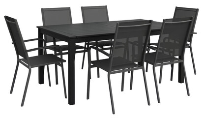 a modern black outdoor dining table and six chairs for your patio