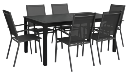a modern black outdoor dining table and six chairs for your patio