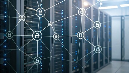 A digital network visualization overlaid on server racks, representing connectivity and security in data management.