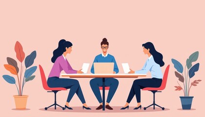 a team of marketing strategists, flat illustration style, warm color palette, minimal background, sitting around a table discussing or collaborating