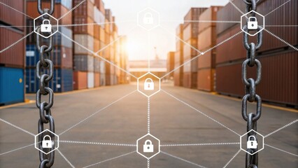 A chain link fence with padlock icons overlays a shipping container yard, symbolizing security in logistics and transportation.