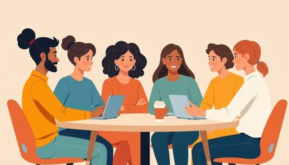 a team of content creators, flat illustration style, warm color palette, minimal background, sitting around a table discussing or collaborating