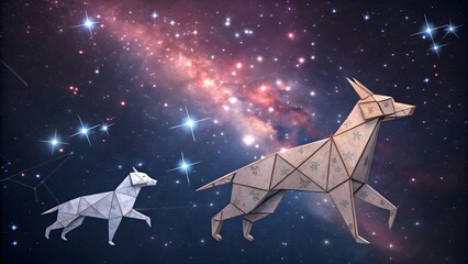 A celestial Christmas card with a deer, Leo and Pisces constellations illuminating the dark night sky