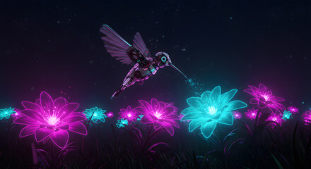 Naklejka premium A mechanical hummingbird flies over a futuristic field of glowing magenta and cyan flowers, sipping luminous nectar under a starry night sky.
