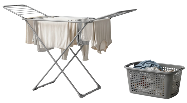 a folding metal laundry drying rack with clothes and a basket