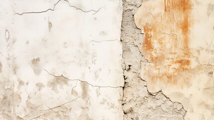 Obraz premium Close-up of a crack in an outdoor travertine wall, highlighting texture and color contrast with nearby concrete flooring, adding character, visual interest, and depth to architectural details.