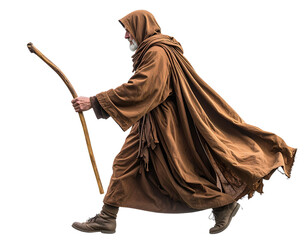 Fantasy Scene of a Curious Child Stretching Toward a Hooded Mystic Monk Walking with Staff on Foggy Path, Side Profile PNG Giant Lotus, Top-Angled Perspective PNG