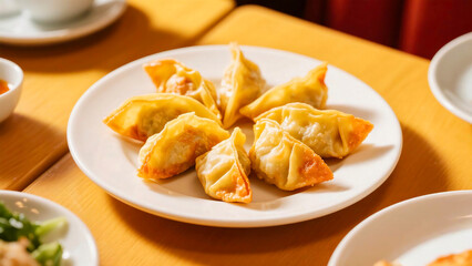Delicious Golden Fried Dumplings on Plate Culinary Food Still Life