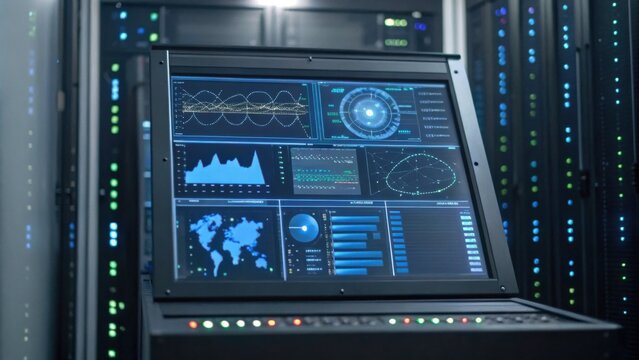 A high-tech dashboard displays data analytics and graphics in a server room, showcasing modern technology and data management. - Powered by Adobe