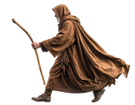 Fantasy Scene of a Curious Child Stretching Toward a Hooded Mystic Monk Walking with Staff on Foggy Path, Side Profile PNG Giant Lotus, Top-Angled Perspective PNG