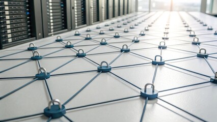 A detailed view of a network of cables and connectors on a data center table, showcasing a structured layout of technology components.