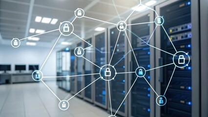 A digital network graphic overlaying server racks, illustrating cybersecurity and data protection concepts with lock icons.