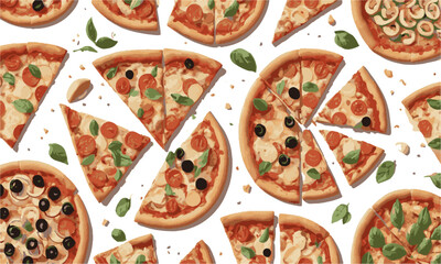 Scalable modern vector illustration of a horizontal layout featuring a variety of pizzas, pepperoni, mushrooms, green peppers, red onions, black olives, sausage, sweet corn, tomatoes, easily editable.
