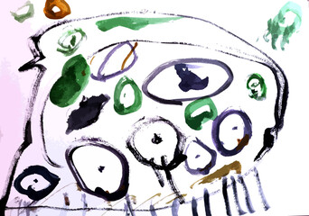 Colorful child drawing of a house with nine floors and abstract shapes  