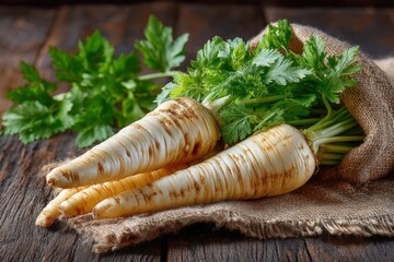 Fresh parsnips and herbs arranged on a rustic wooden table with a burlap cloth in a natural light setting