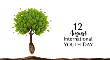 Illustration for International Youth Day, featuring a stylized tree with green leaves growing from a seed, with text indicating the date, August 12th.