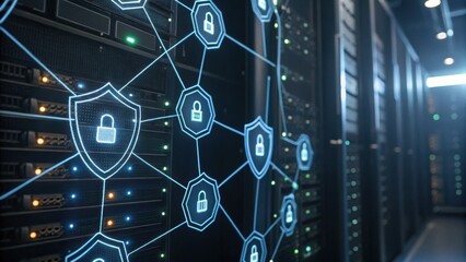 A high-tech data center with illuminated servers and a digital network security graphic, highlighting connectivity and protection.