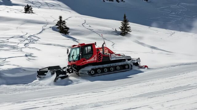 red snow groomer prepares ski slope mountain