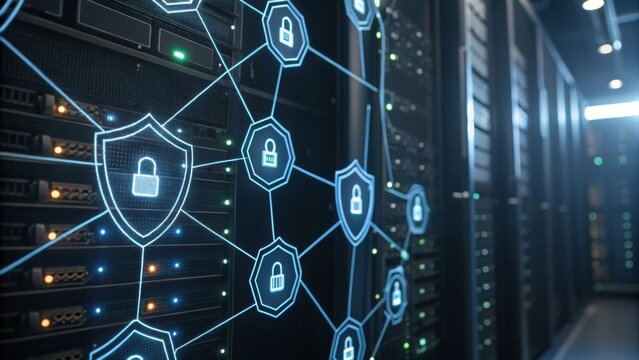 A high-tech data center with illuminated servers and a digital network security graphic, highlighting connectivity and protection.
