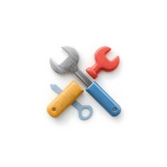 Colorful toy wrenches and tools arranged in a playful cross shape on a white background