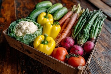 Freshly harvested vegetables in a cardboard box displayed on a rustic wooden table