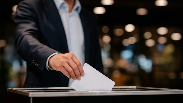 A close-up captures a hand inserting a ballot into a modern electronic voting machine, emphasizing the importance of civic duty in soft natural light.