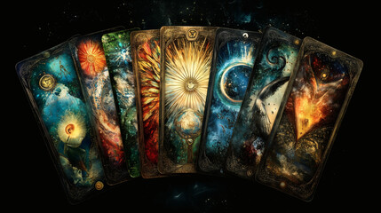 Vibrant Cosmic Tarot Cards Spread with Celestial and Mystical Imagery on Dark Background