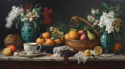Still life of fruits, flowers, and chinaware on a marble surface.