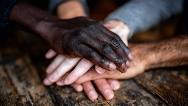 Diverse hands united on a wooden table, symbolizing solidarity and allyship.