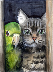 Watercolor illustration of a green parrot and a tabby cat peeking out of a doorway (hand-created, not AI !!)