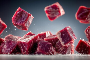 Cubes of raw beef meat floating amidst a sprinkle of salt against a dark background in a kitchen setting