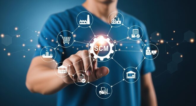 Mans finger touching a glowing scm icon, surrounded by a network of supply chain related symbols and connections