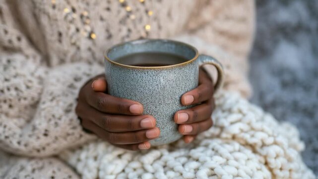 A comforting scene of hands cradling a warm mug, embodying emotional self-care and grounding in a cozy blanket setting.